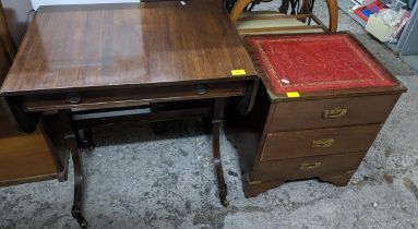 A reproduction mahogany sofa table, single frieze drawer, splayed legs on brass castors 69x69 (