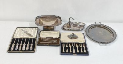 Silver plate to include a twin handled tray, seafood picks, a pair of nutcrackers and other items