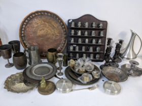 Mixed metalware to include a collection of John Pinches miniature tankards, pewter candlestick,