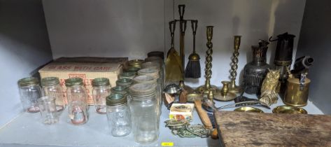 Metalware to include a miners lamp, a silver plated horn handled jug, Kilner jars, mixed brassware