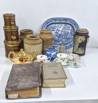 A mixed lot to include a WWII Thermos flask, vintage sugar, tea and coffee pot, mixed ceramics to