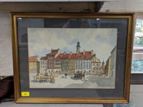 A late 20th century watercolour depicting a European town square, indistinct signature 'Warszawa 78"