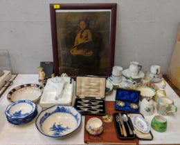 A mixed lot of china and ceramics to include a picture of a young girl, a Holy Bible, Barker Bros,