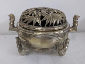 A Chinese twin handled silvered bronze Censer and cover Location: