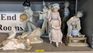 Seven Lladro figures to include Oriental style examples, a girl reading a book, a calf and others