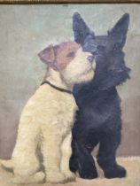 Two seated terriers - early 20th century oil painting on canvas