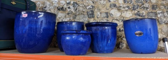 A group of blue glazed pottery garden pots, various sizes and shapes (5), Location: G