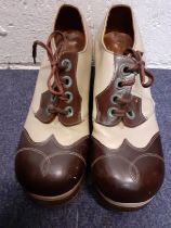 A pair of 1970's Anthony F. Richardson gents platform stacked heel shoes in brown and cream