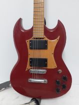 A Gibson SG clone with an after-market replacement neck in red with a wooden pick guard. Location: