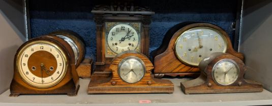 Six early/mid century mantle clocks to include two Napoleon hat clocks, all in need of