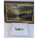 A Roald Dahl collectors edition print and R Kilner - a river scene oil on canvas, signed