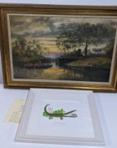 A Roald Dahl collectors edition print and R Kilner - a river scene oil on canvas, signed