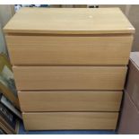 A pair of light oak finished chests of four long drawers, 100.5h x 80.5 w, Location: