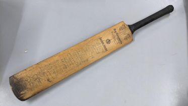 A Ray Illingworth signed cricket bat with signatures from Australia, England, Lancashire, Yorkshire,