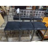 A set of six metal framed bar stools with lattice backs and upholstered seats, Location: