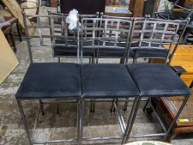 A set of six metal framed bar stools with lattice backs and upholstered seats, Location: