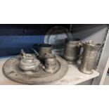 18th and 19th century pewter to include a charger, a plate, tankards, teapot and other items,