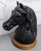 A cast metal sculpture of a horses head, raised on a circular oak base, 29.5cm h Location:
