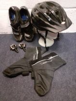 A pair of gents Shimano black and silver cycle shoes, size 44 with cleats together with a Bell black