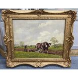 Fred Winyard - oil on board depicting horses ploughing a field, 49cm x 38.5cm framed Location: