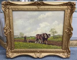 Fred Winyard - oil on board depicting horses ploughing a field, 49cm x 38.5cm framed Location: