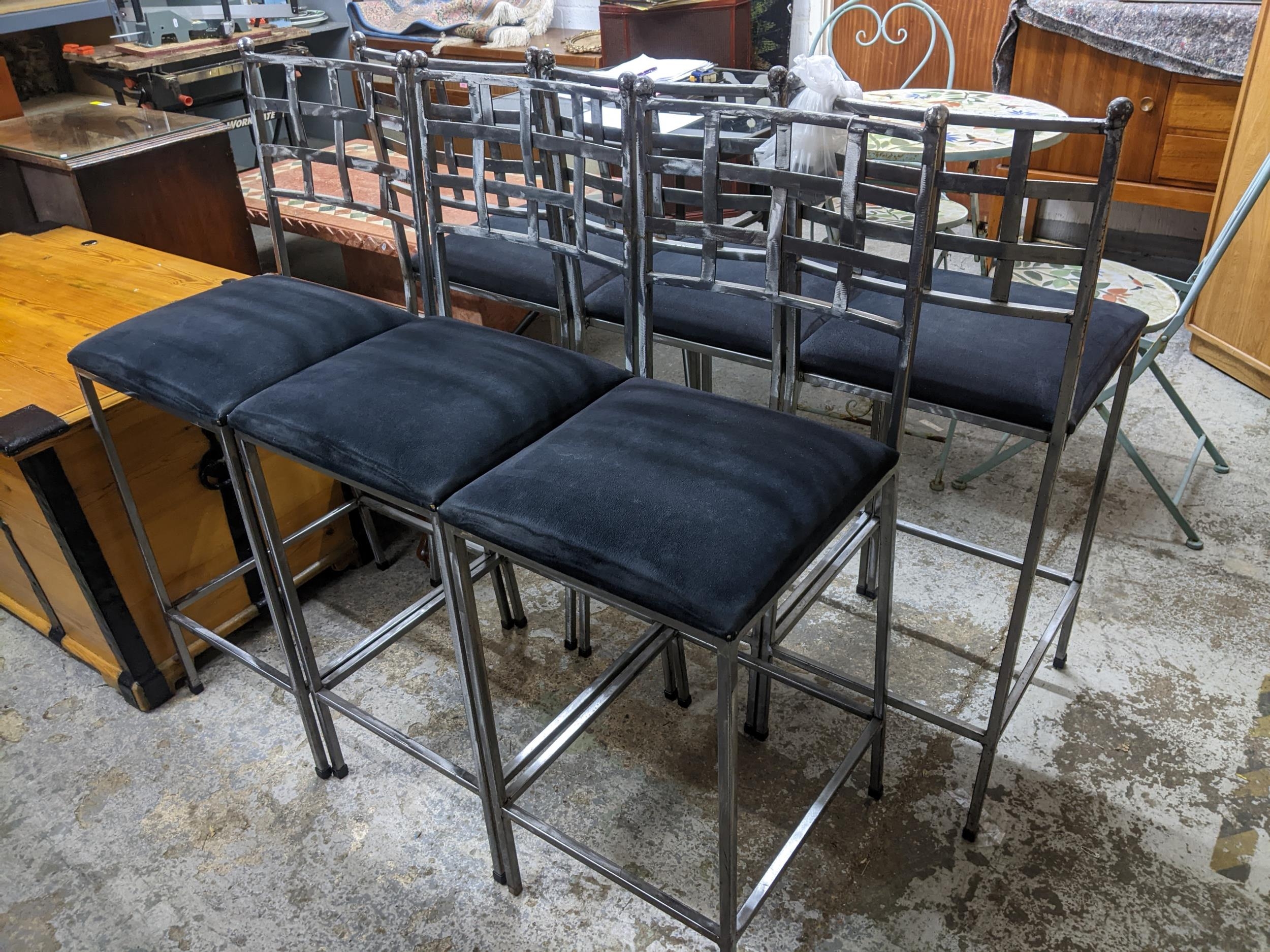 A set of six metal framed bar stools with lattice backs and upholstered seats, Location: - Image 2 of 2
