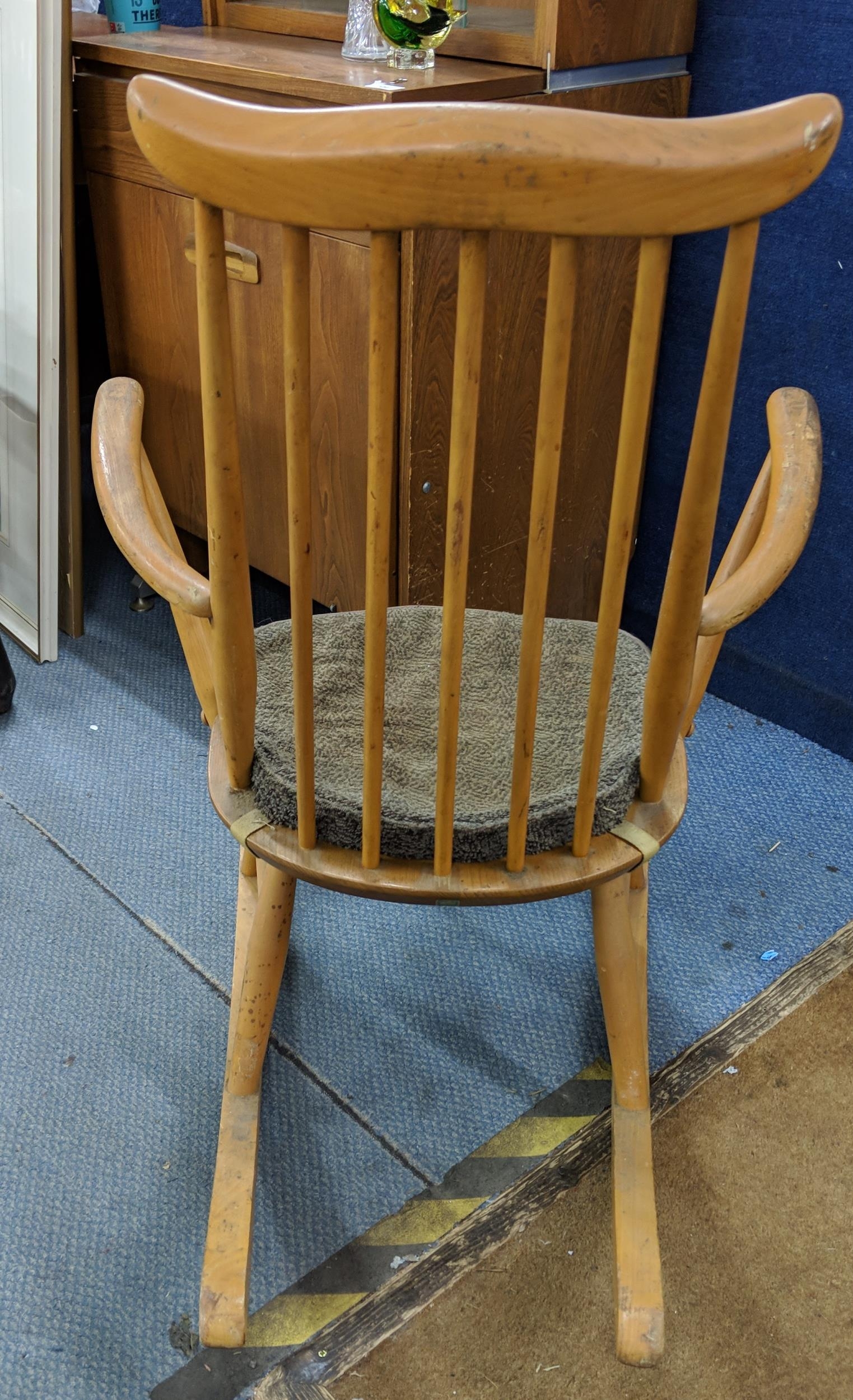 A blonde Ercol Goldsmith rocking chair with an attached brown cushion, Location: - Image 3 of 7
