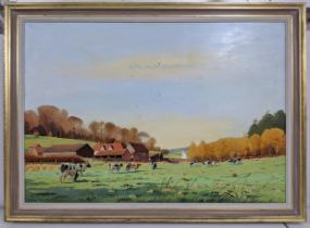 Laurence T Peace - oil on canvas depicting cows in eld, signed to the lower left corner, 69.5cm x