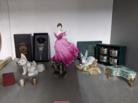 A mixed lot to include a Coalport ladies of fashion Alison figurine, Lladro rabbit model,