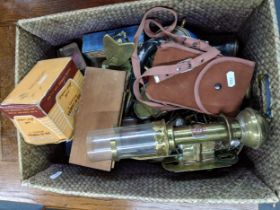 A mixed lot to include a GWR railway lantern/coach light, a German carriage clock, a Brownie camera,