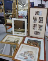 Mixed pictures and mirrors together with a set of Edwardian Harry Payne framed postcards Location: