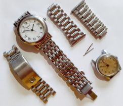 Gucci-A silver tone gents wristwatch (strap A/F) together with an Omega silver tone watch strap A/