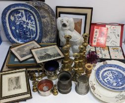 Brassware to include candlesticks, a Staffordshire model dog, glasses, a Mah Jong set, prints and