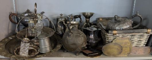 Silver plate and EPNS items to include an epergne, a basket on a pedestal stand, teapots and other