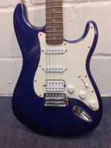A Squire Strat Affinity by Fender blue 6-string guitar, made in Indonesia having a maple neck,