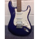 A Squire Strat Affinity by Fender blue 6-string guitar, made in Indonesia having a maple neck,