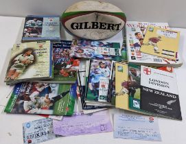 Rugby related items to include programmes and a signed Gilbert ball Location: