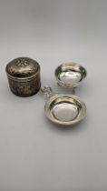 A white metal tea strainer and bowl stamped 800, together with a white metal pot 174.8g Location: