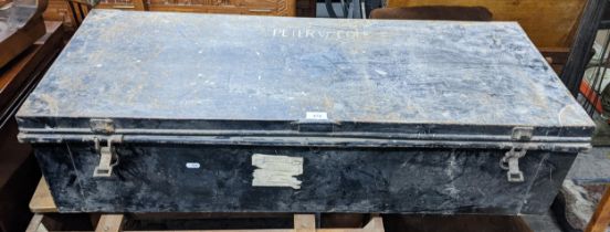 An early 20th century military painted tin twin handled trunk 26cm h x 107cm w Location: