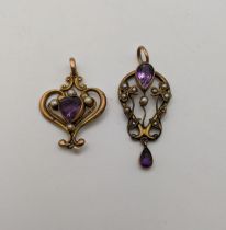 Two Edwardian 9ct gold pendants set with amethyst and pearls, total weight 4.6g Location:
