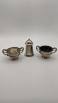 Three silver condiment to include a pepper pot, mustard pot and salts, total weight 201.3g Location: