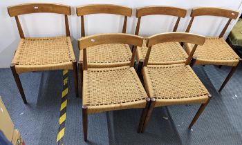 A set of six 1960's Scandinavian teak framed dining chairs, designed by Arne Hovmand-Olsen for