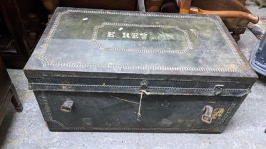 A 19th century studded and metal mounted camphor wood and green leather twin handled trunk, 43cm h x