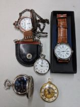 A collection of modern wristwatches and pocket watches to include a Montine faced with Roman