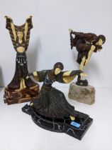 Two Florence resin composition figurines in the Art Deco style mounted on faux marble bases, and one