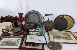 A mixed lot to include a Victorian oil lamp, 18th/19th century pewter charger, sun dial, pictures,