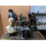 A group of Victorian spelter and later 20th century metal figures to include a plaster bust of