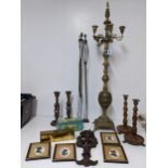 A mixed lot to include a brass floor standing candelabra in the Middle Eastern style, two pairs of