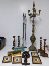 A mixed lot to include a brass floor standing candelabra in the Middle Eastern style, two pairs of