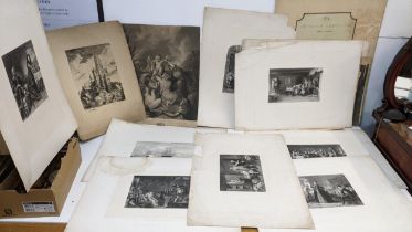 A folio of 18th century and later engravings and prints, portraits, landscapes, a view of Edinburgh,